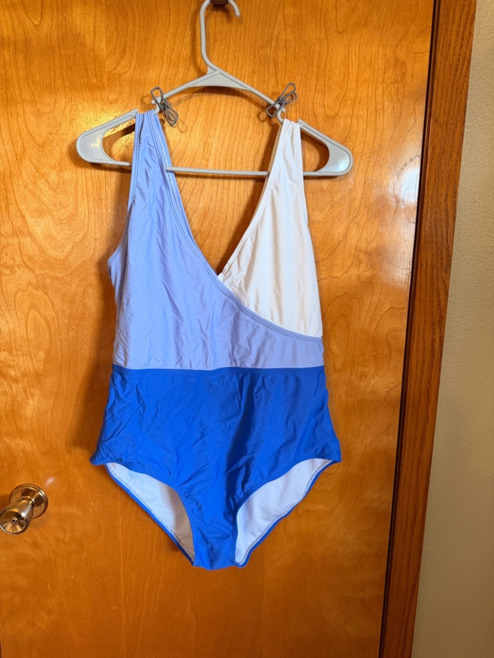 Three-Tone Blue & White V-Neck One-Piece Swimsuit